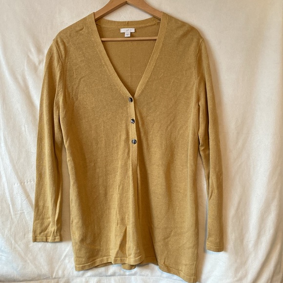 J. Jill Sweaters - J Jill Tan Linen Button V neck Cardigan • Spring Flare Loose Fit Fisherman Hip